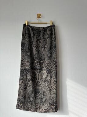 Vintage Paisley Laine Wool Midi Skirt Side Slit | 90s Dark Romantic Tailored